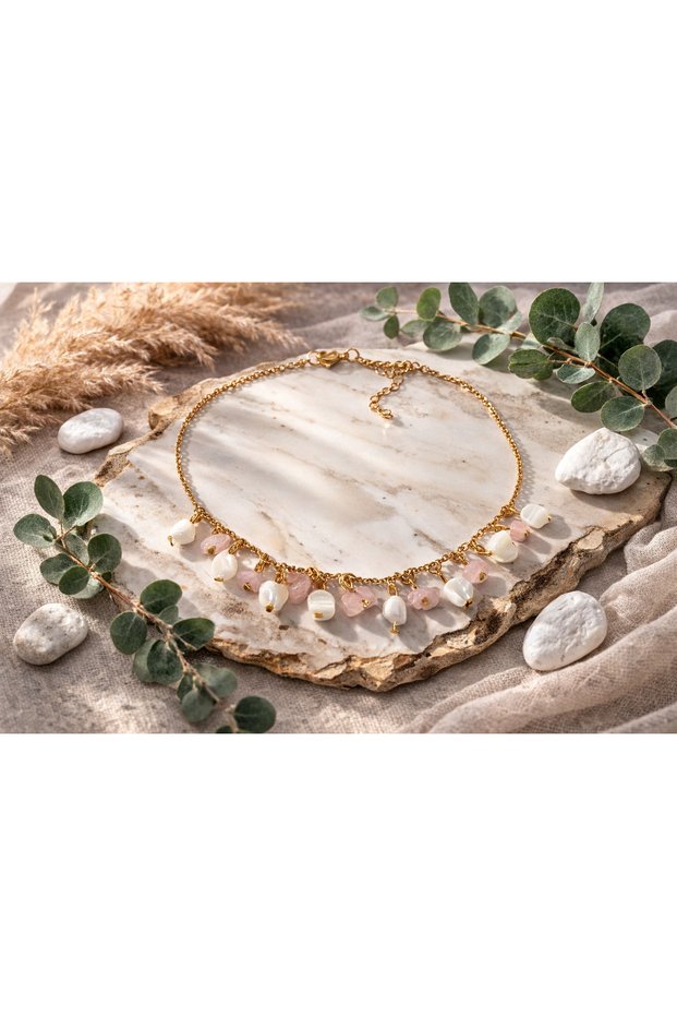 Pink Quartz Stone Pendant Natural Stone Handmade Steel Chain Necklace