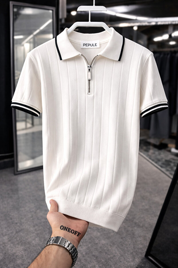 Beyaz yaka detaylı Örme Triko Tshirt - 1