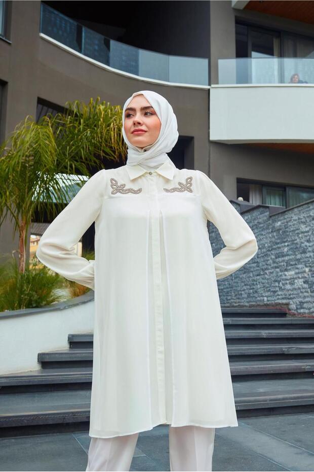 EMBROIDERY DETAIL HIDDEN BUTTON TUNIC 43500