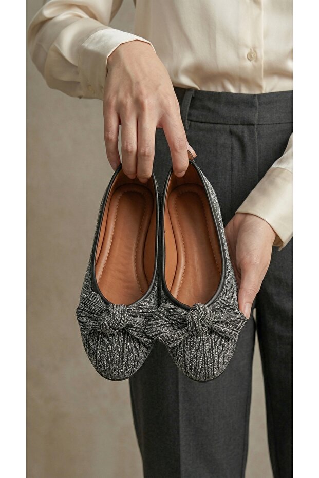 Women's Platinum Stone Detailed Bowknot Ballerinas 1cm Byndskl02