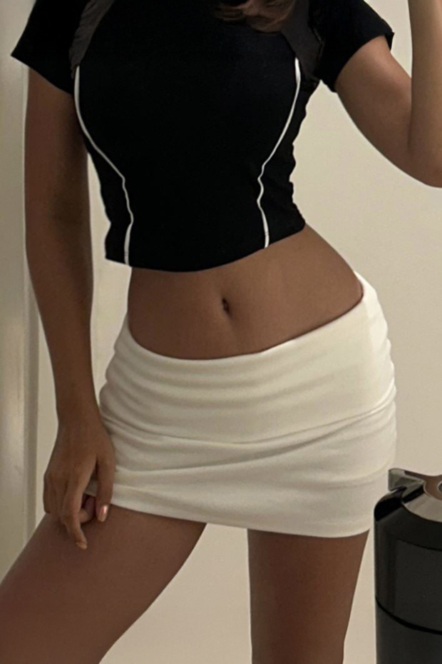 Beyaz Katlanmış Belli Şortlu Mini Etek - 1