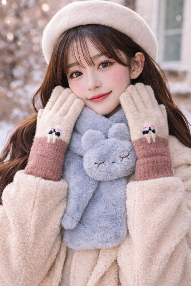 Kedi Nakışlı Kahve Eldiven - 4