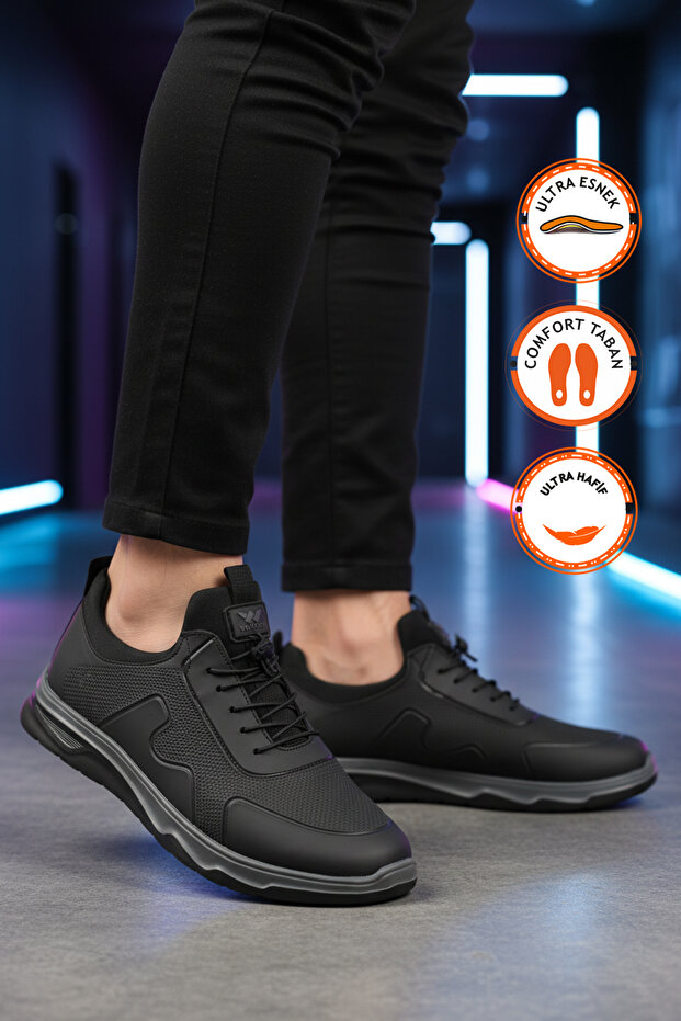 Black Rubber Laced Lightweight Flexible Men's Sports Shoes Kaif 2323 m