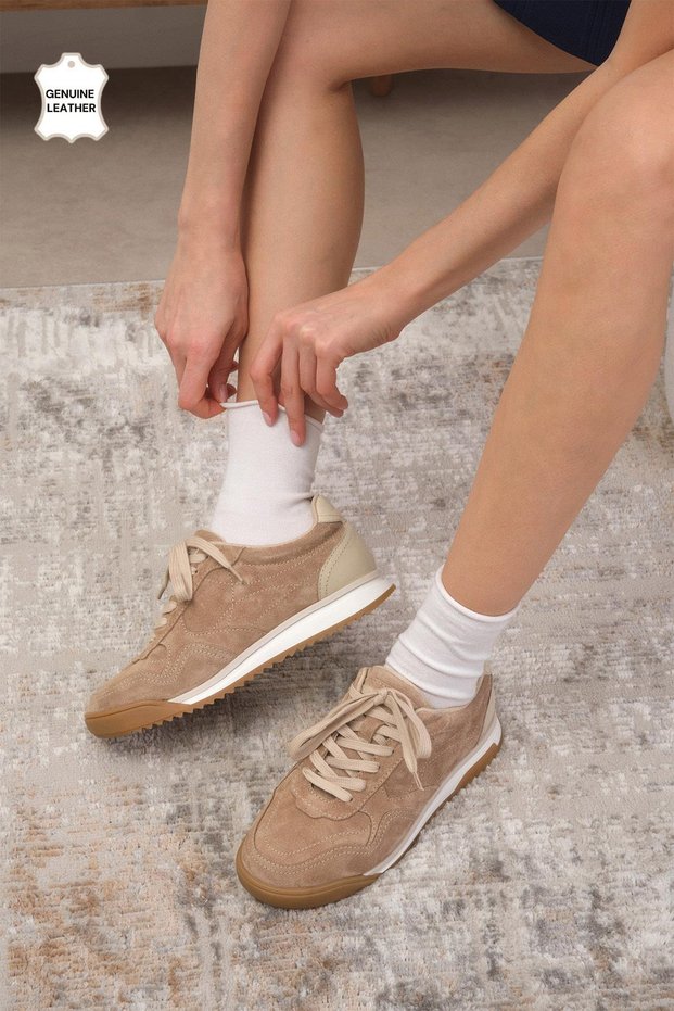 Nova Genuine Suede Beige Color Women's Sports Shoes