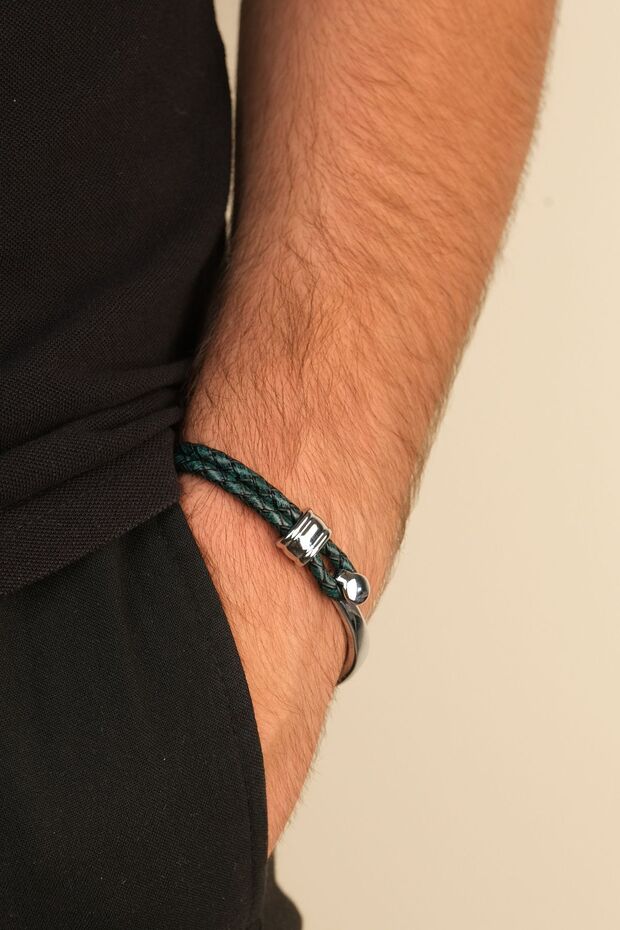 Men's Green Braided Leather Steel Bracelet - Sporty Stylish Accessory