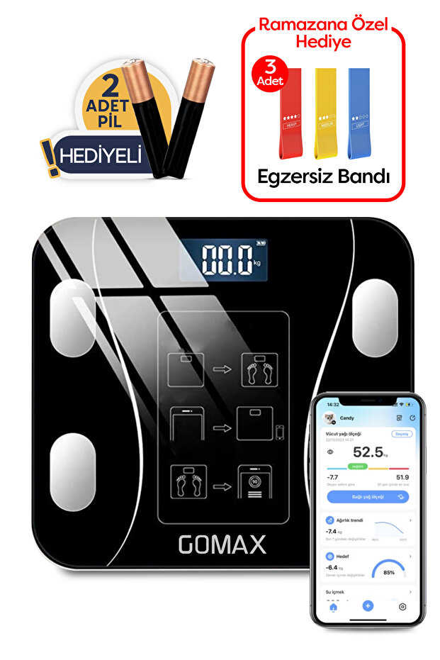 Gomax Dijital Baskül Yağ Su Kas Vücut Kitle Endeksi Kilo Ölçer Tartı