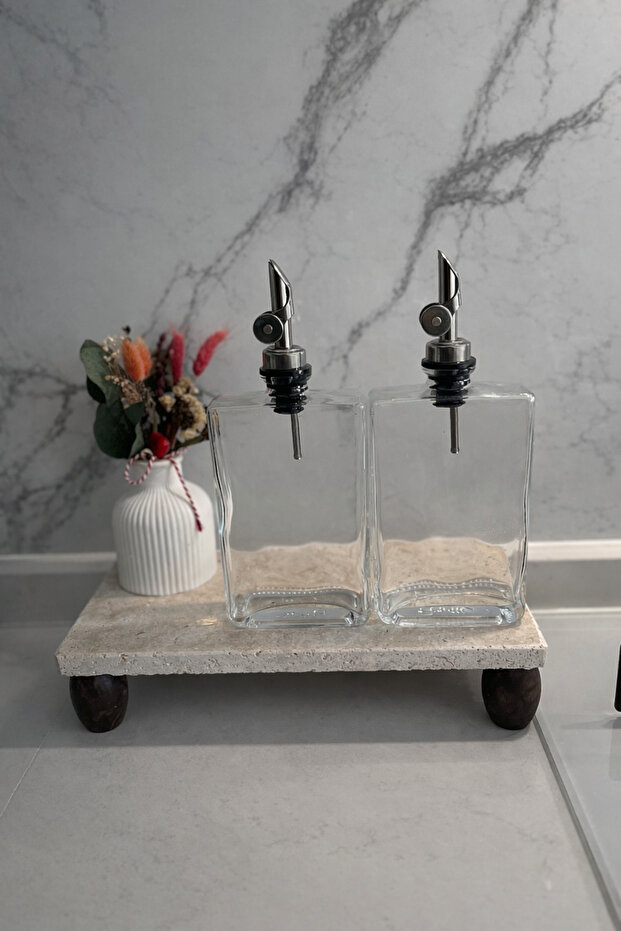 Terra Olmo Travertine Presentation Stand Wooden Leg 15X30 cm | Natural Decor Organizer