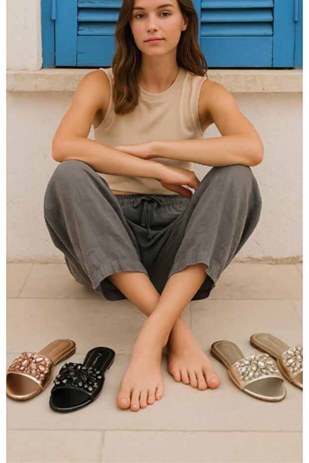 Large Number Women's Slippers with Stone 41-42-43-44-Bronze