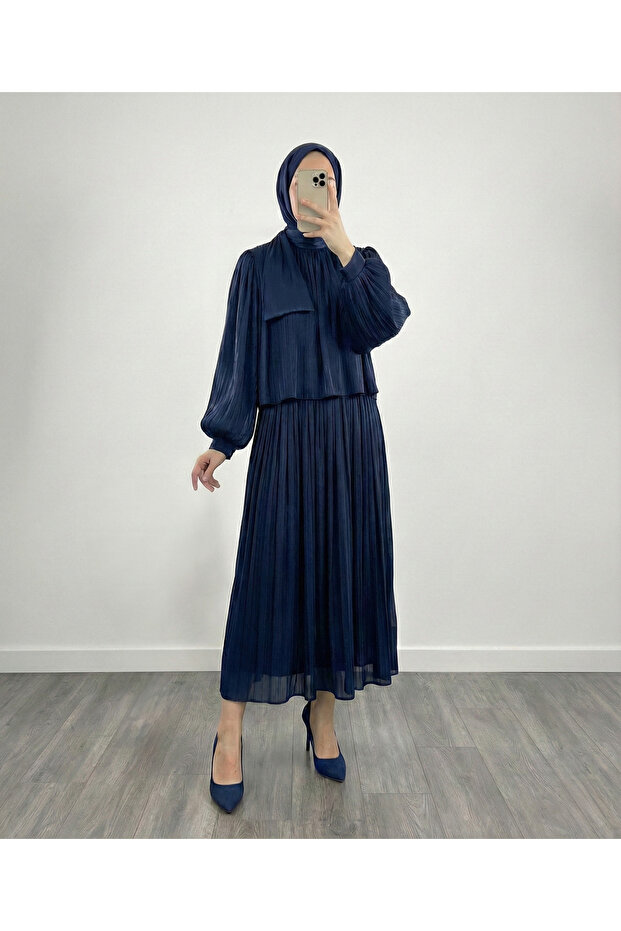 Alçiçek Shoulder Scarf and Janjan Skirt Set-Ge813 Navy Blue