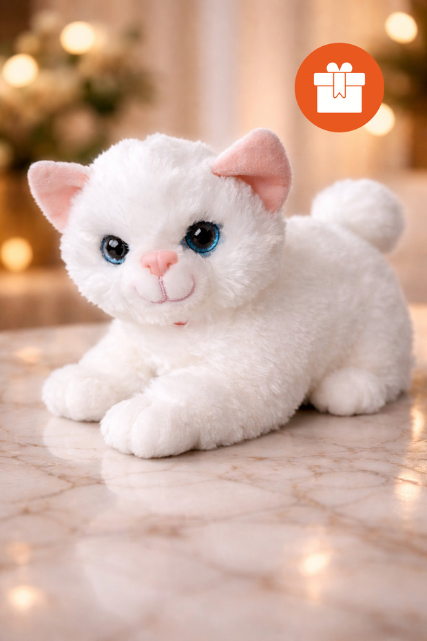 Plush Cat with Sound 30 cm – White Soft Plush Toy, Sleeping and Playmate