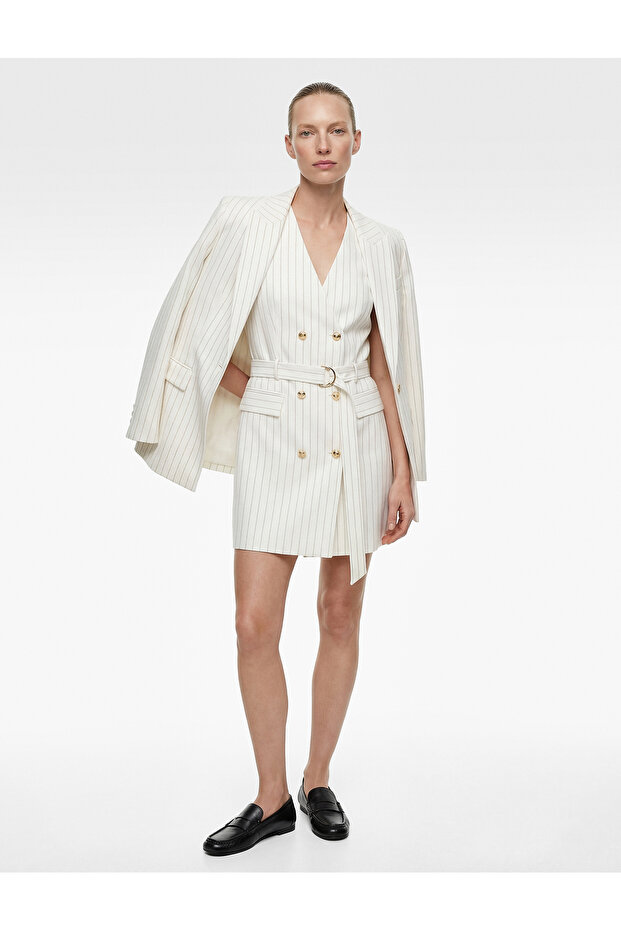 Double-Breasted Collar Sleeveless Mini Jacket Dress with Metal Accessories and Belt