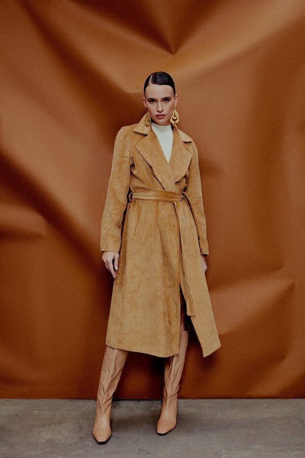 Long Velvet Trench Coat - Camel