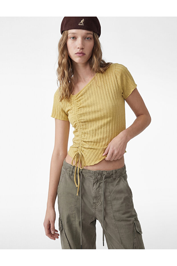 Asymmetrical Cut Gathered Short Sleeve Wrinkled Crew Neck Blouse