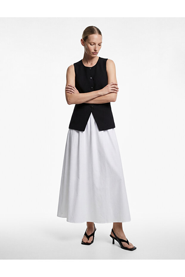 Crew Neck Buttoned Vest Detail Sleeveless A-Line Long Dress