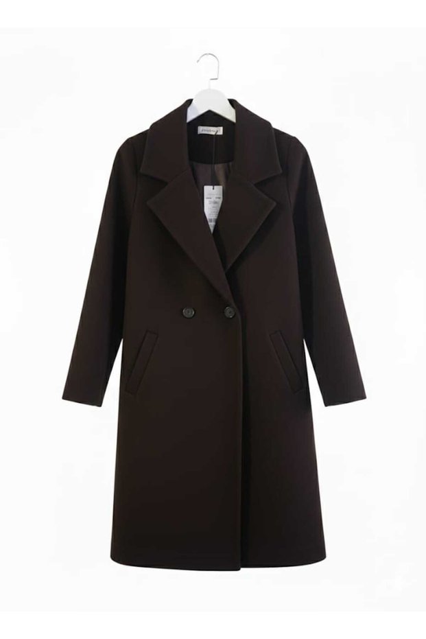Women's Double-Breasted Collar Button Detailed Cashmere Dark Brown Coat 15194