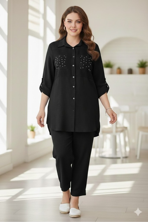 Plus Size Women's Linen Tunic Shirt and Pants Set