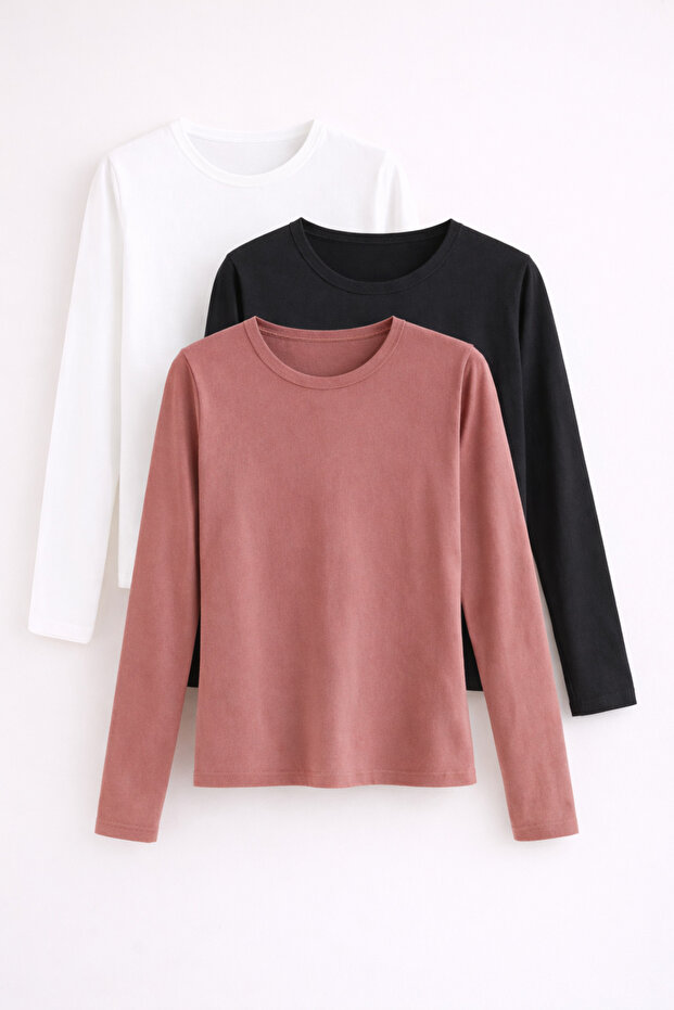 Women's Long Sleeve Cotton Basic Slim Fit 3-Piece Blouse