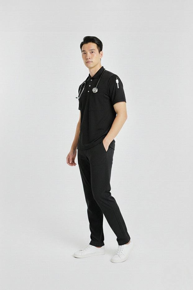 Zulu Model Black Polo Neck Stretch Fabric Men Doctor Nurse Scrubs Uniform Set