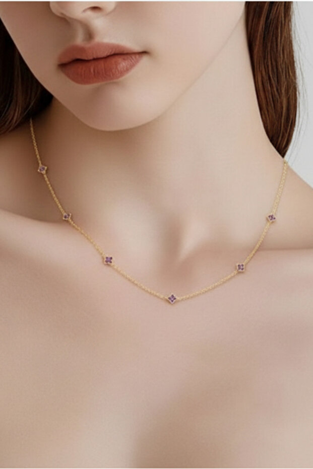 ALTIN KOLYE 5'Lİ YONCA MOR RENK - 6