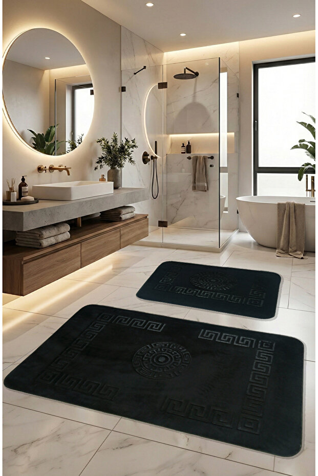 Simav Deluxe Non-Slip Base, Soft, Absorbent 2-Piece Luxury Printed Bath Mat Black