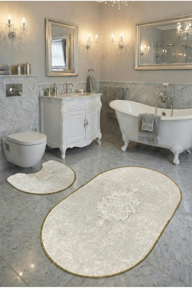 Üsküdar Non-Slip Base, Dowry Style, Absorbent, Velvet 2-Piece Super Luxury Oval Bath Mat Set Ecru