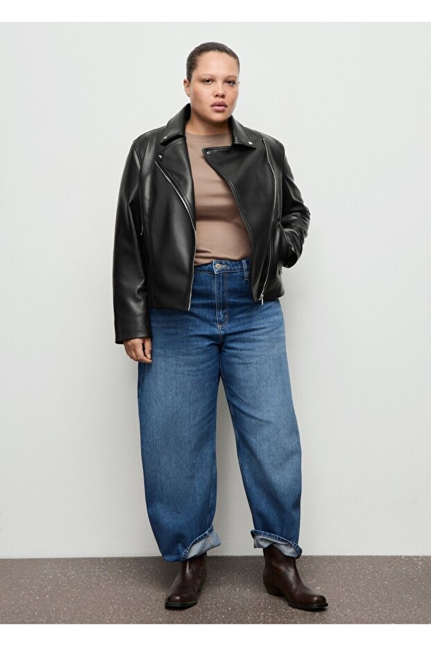 Deri görünümlü biker ceket - 8