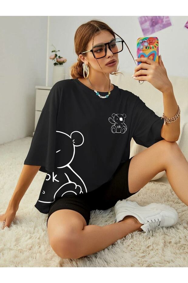 Teddy Bear Printed Women's Oversize Salas T-shirt Boyfriend