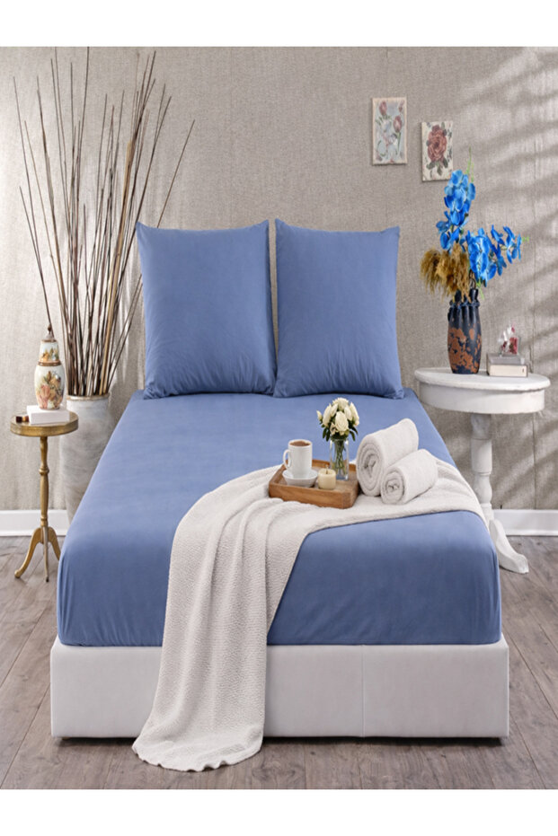 Ranforce 100% Cotton Indigo Elastic Sheet Set with Pillowcases