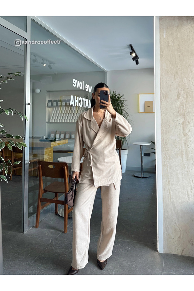 Double-Breasted Collar Waist Tie Linen Suit - Beige