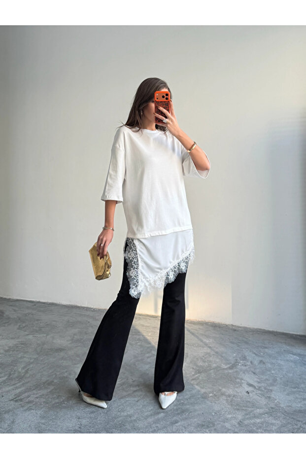 Dantel Detaylı Oversize Basic - Ekru - 4