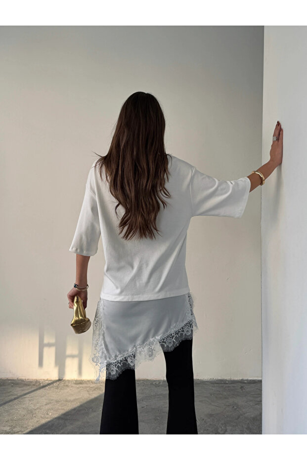 Dantel Detaylı Oversize Basic - Ekru - 3