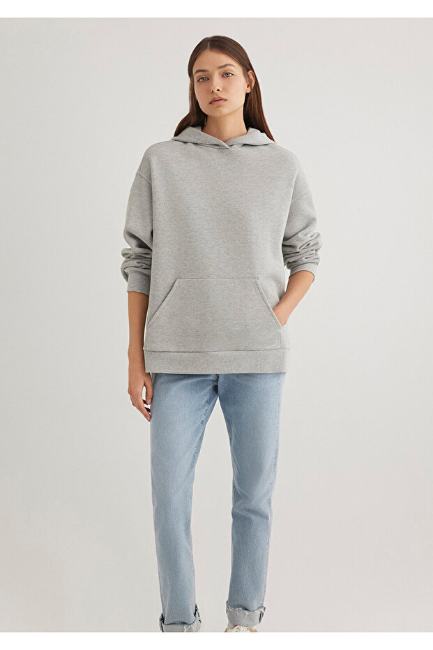 Kapüşonlu Gri Basic Sweatshirt 1S10186-83096 - 3