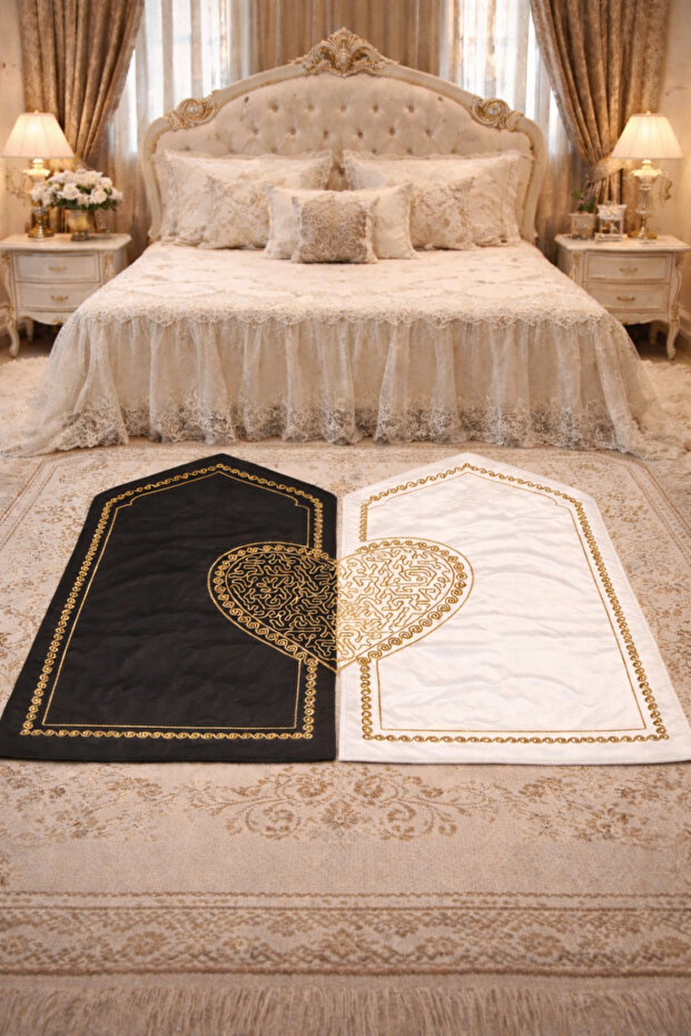 Heart-shaped prayer rug, couple's prayer rug with rosary, bridal and groom's bundle, gift dowry
