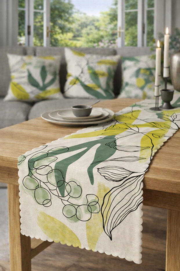 Modern Green Leaves Pattern Digital Printed Decorative Runner