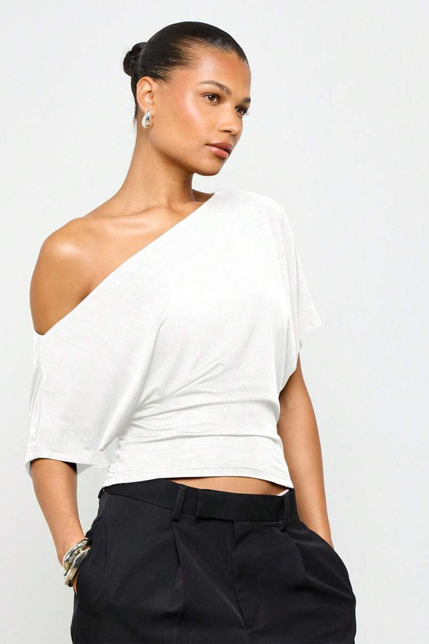 Waist-Tied Boat Neck Wide Sleeve Natural Viscose Blouse