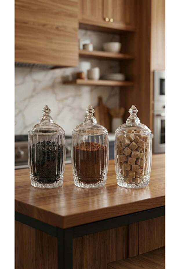 3-Piece Elysia Pattern Countertop Glass Spice Jar-Condiment Jar-Storage Jar Set for Coffee Corner 3X850 Cc.
