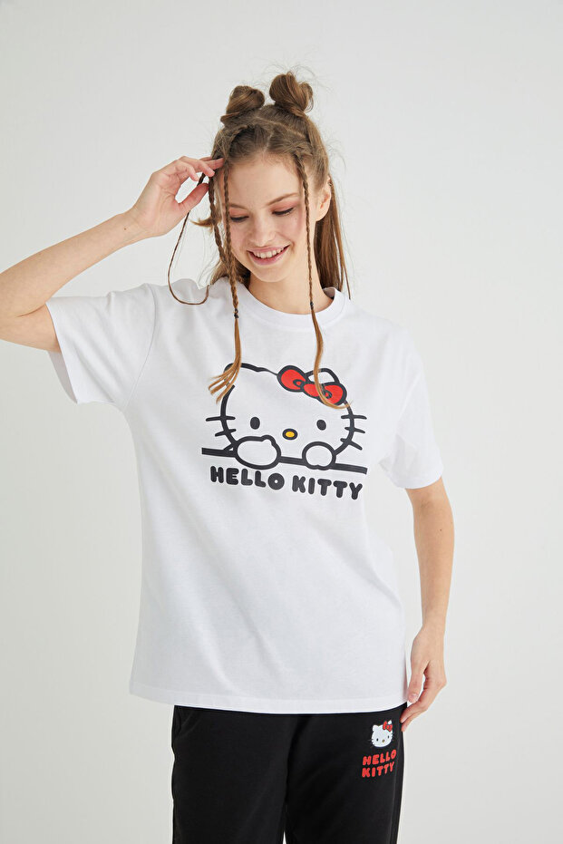 Lisanslı Baskılı Basic Beyaz T-shirt Relaxed - 2