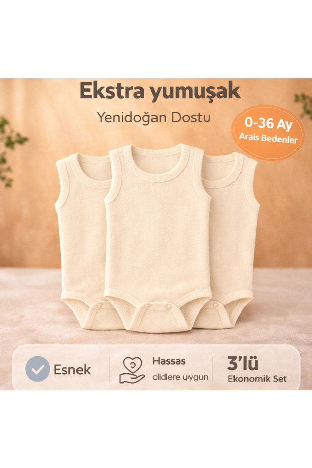 3-Piece Baby Athlete Bodysuit with Snap Fasteners Ecru 100% Cotton Newborn