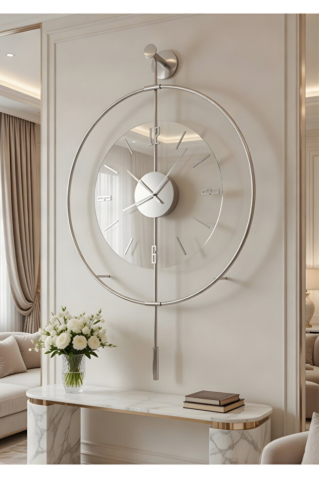 MetaQuartz Aksesuar Gümüş Luxry Şefaf (YENİ TAMPERLİ KIRILMAZ CAM) - (50X75CM) Metal (MOBİLYA) Duvar Saati