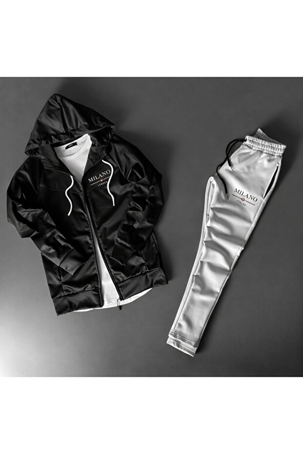 Milano Printed Scuba Hooded Black Gray Tracksuit Set