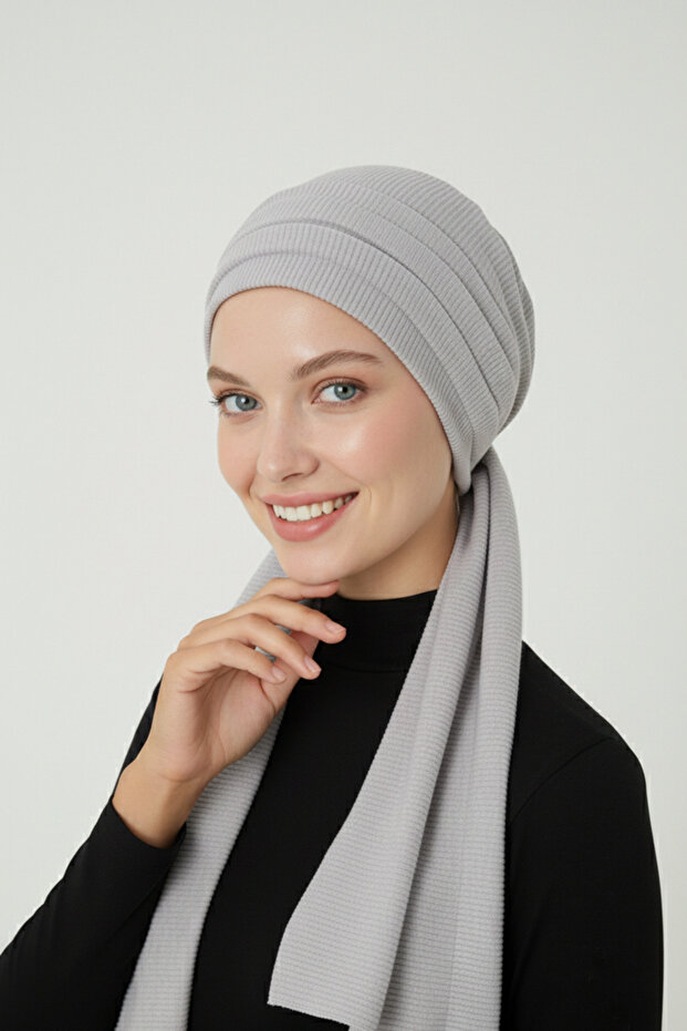 Corded Fabric Combed Cotton Tie-Up Light Gray Ready-To-Wear Turban Hijab Bonnet Suitable for Medical Use