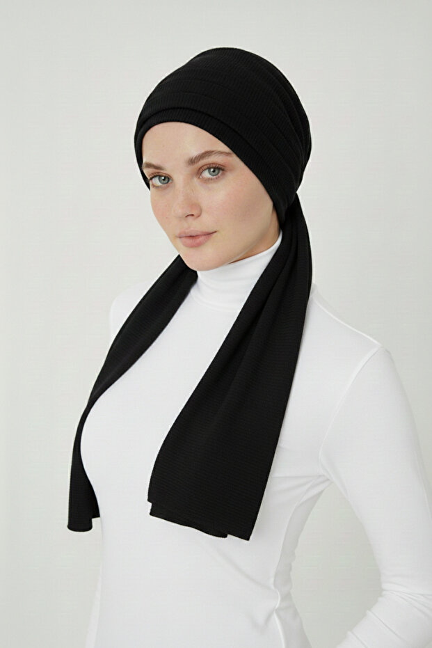Corded Fabric Combed Cotton Binding Black Ready-To-Wear Turban Hijab Cap Suitable for Medical Use