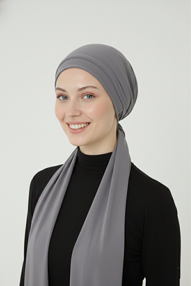 Tie-On Dark Gray Ready-Made Turban Hijab Cap Suitable for Medical Use