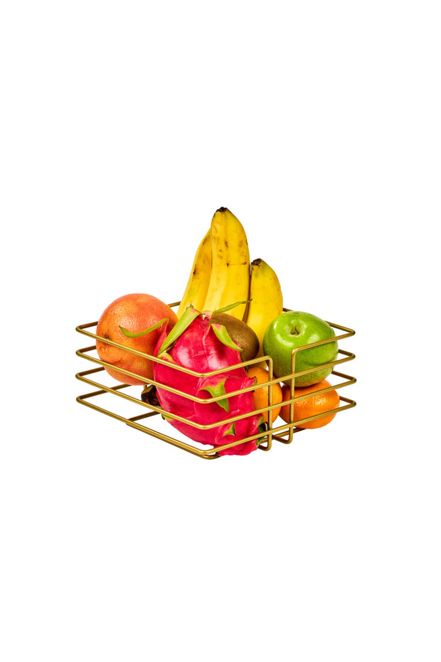 Matte Gold Oval Cornered Square Fruit and Vegetable Basket Kitchen Organizer Multi-Purpose Stainless Metal