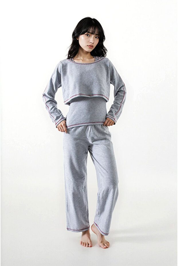 Women's Gray Melange Waffle 3-Piece Long Sleeve Trousers Pajama Set