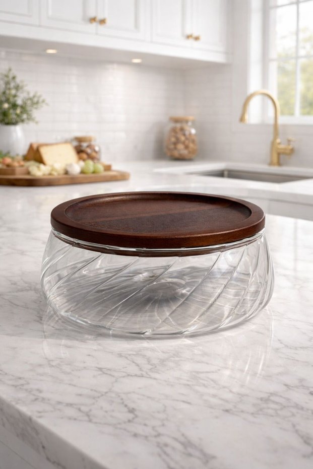 Borosilicate Glass Luxury Glass Bowl with Acacia Lid - Presentation Bowl - Salad Bowl Wavy 22 cm