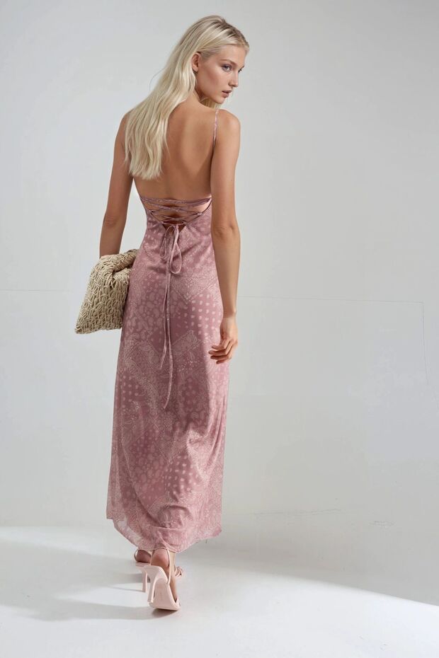 Kare Yaka Baskılı Midi Elbise - 3