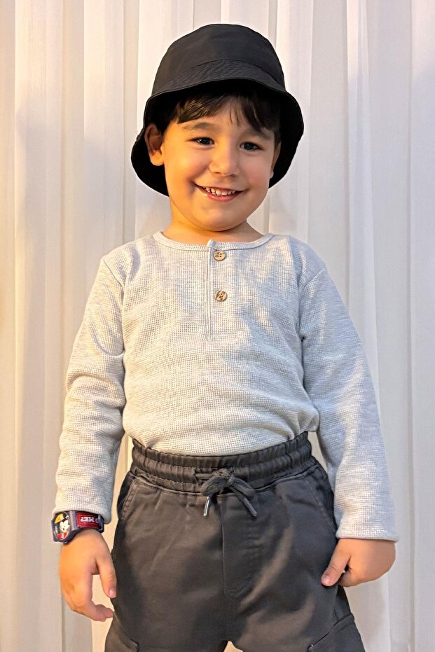 Boy's Long Sleeve T-Shirt with Button Detail, Ages 4-8, Light Gray Melange