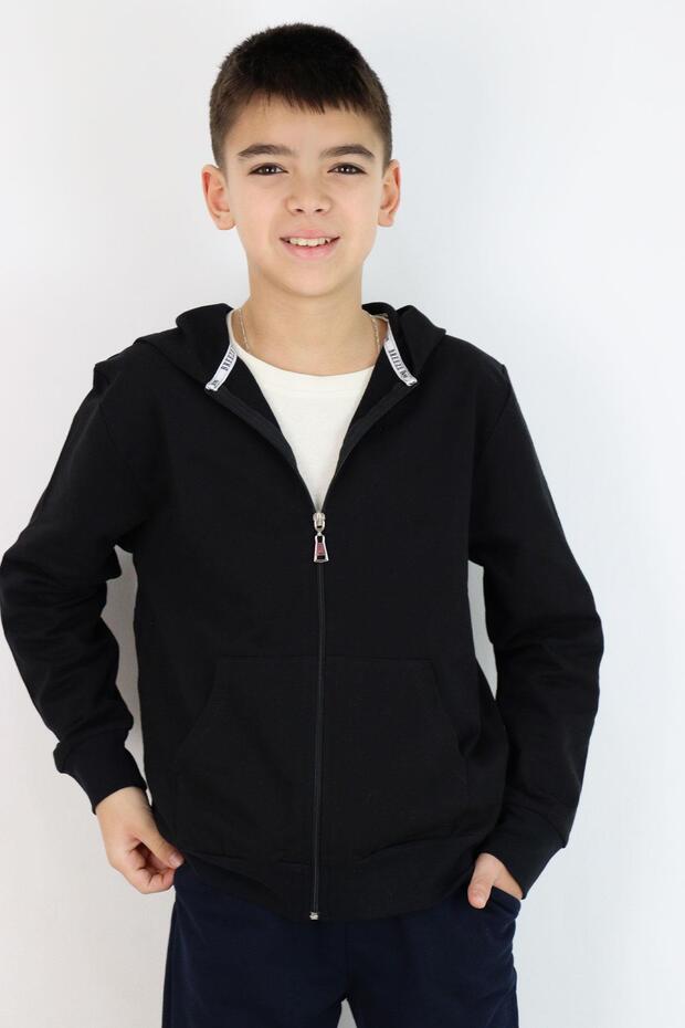 Boy's Cardigan Basic Hooded Zipper Cardigan 6-10 Years, Black