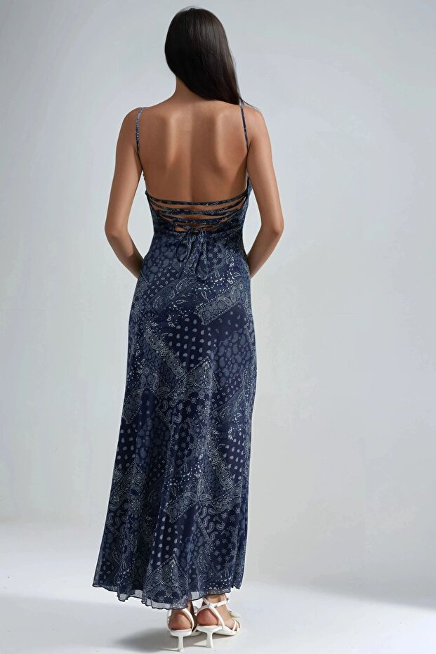 Kare Yaka Baskılı Midi Elbise - 7